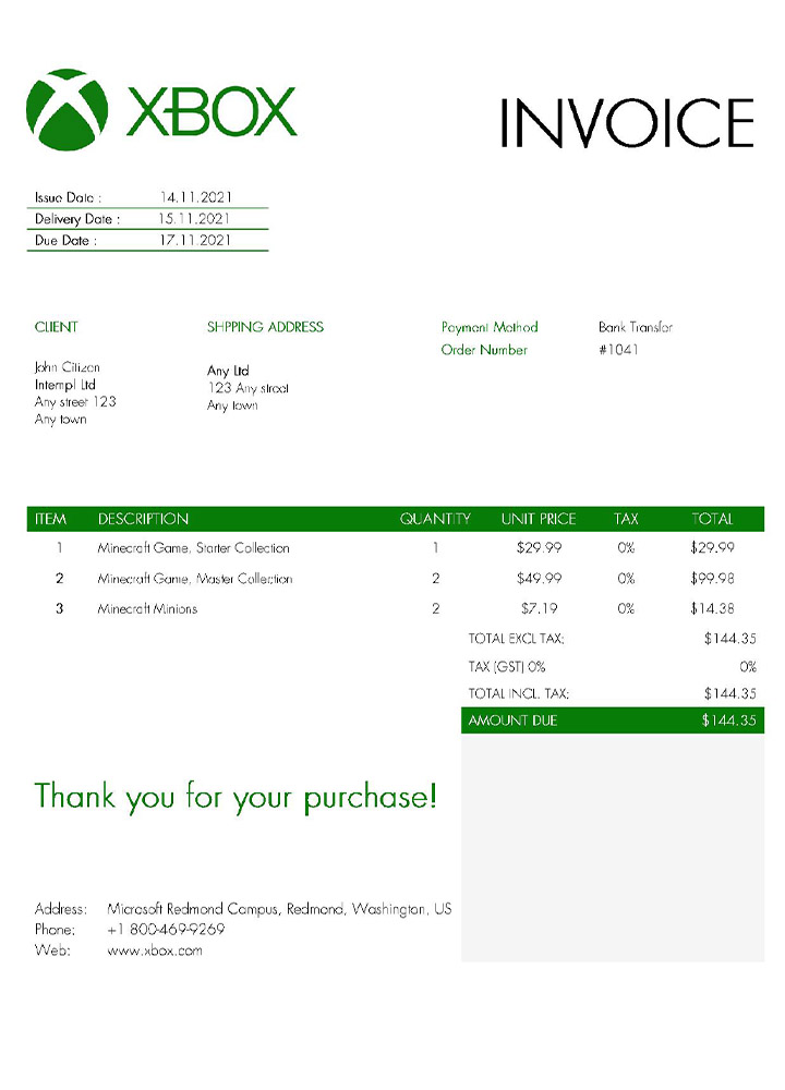 USA Xbox invoice template PSD template